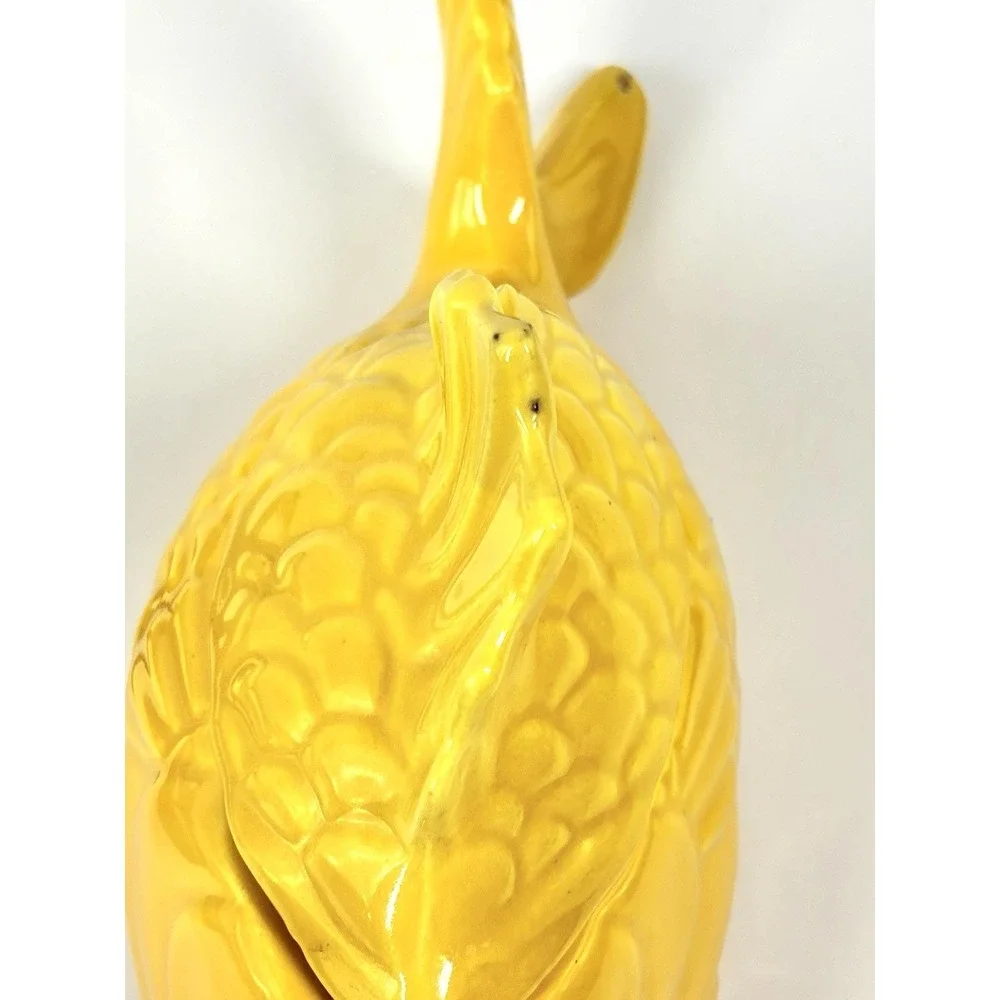 Vintage Pottery Chicken of the Sea Tuna Baker Yellow Fish - Original Stand Incl
